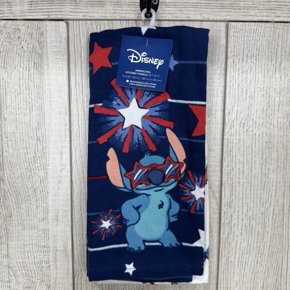 (2) Disney Americana Lilo Stitch American Red White Blue Hand Towels 25”x16” New